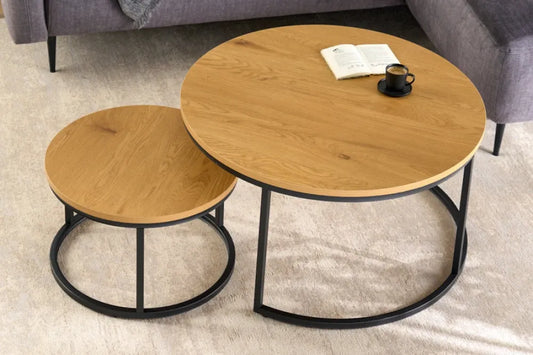 Set 2 masute de cafea din MDF Maro si Metal Negru D50/80xH34/45cm ELEGANCE