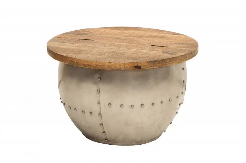 Masuta de cafea Rotunda din Lemn masiv de mango Maro si Metal Argintiu D68xH44cm Drum Storage