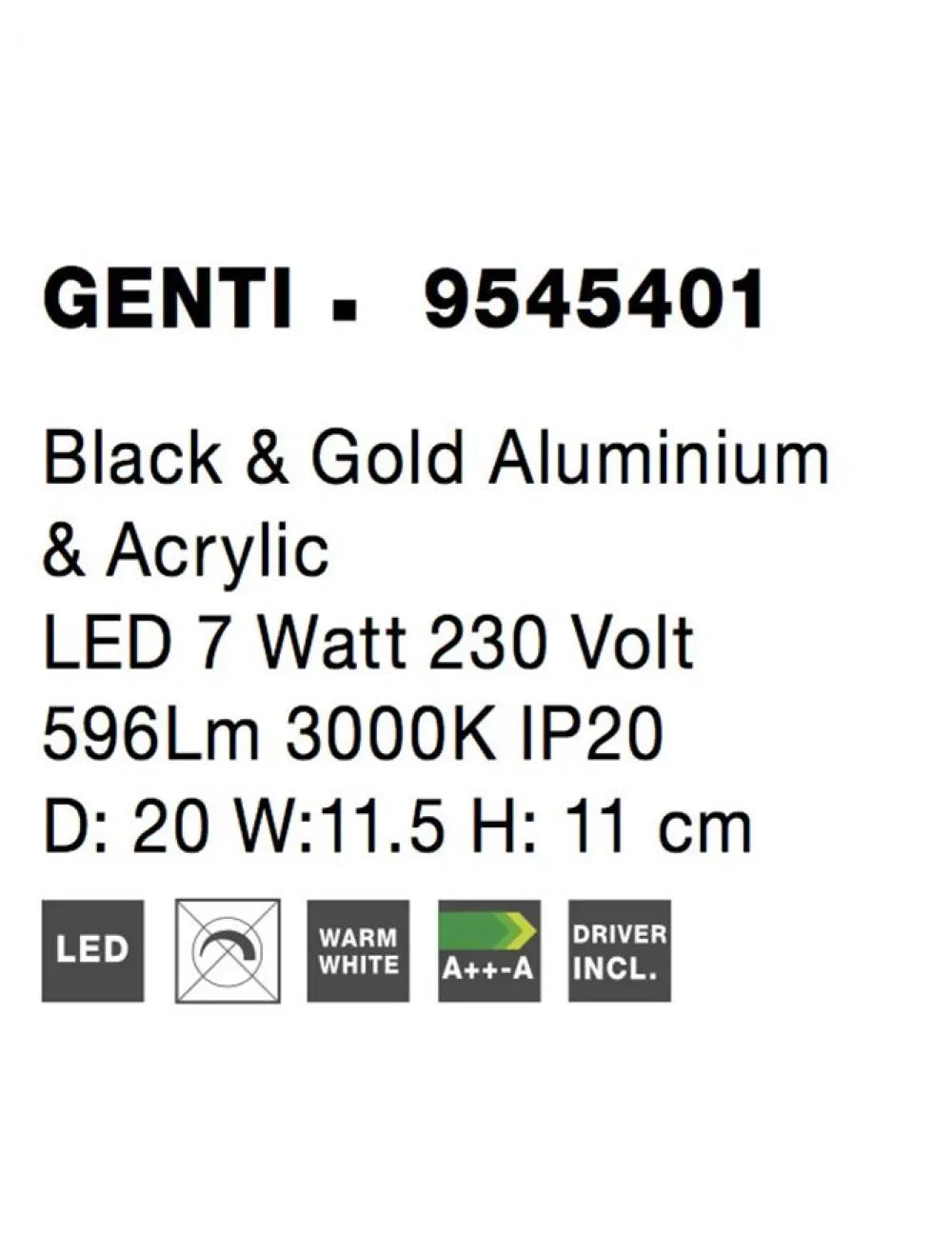 Aplica de perete structura din Aluminiu Negru/Auriu si abajur din Acrilic Transparent H11xL20cm IP20 8W 567lm 3000k GENTI