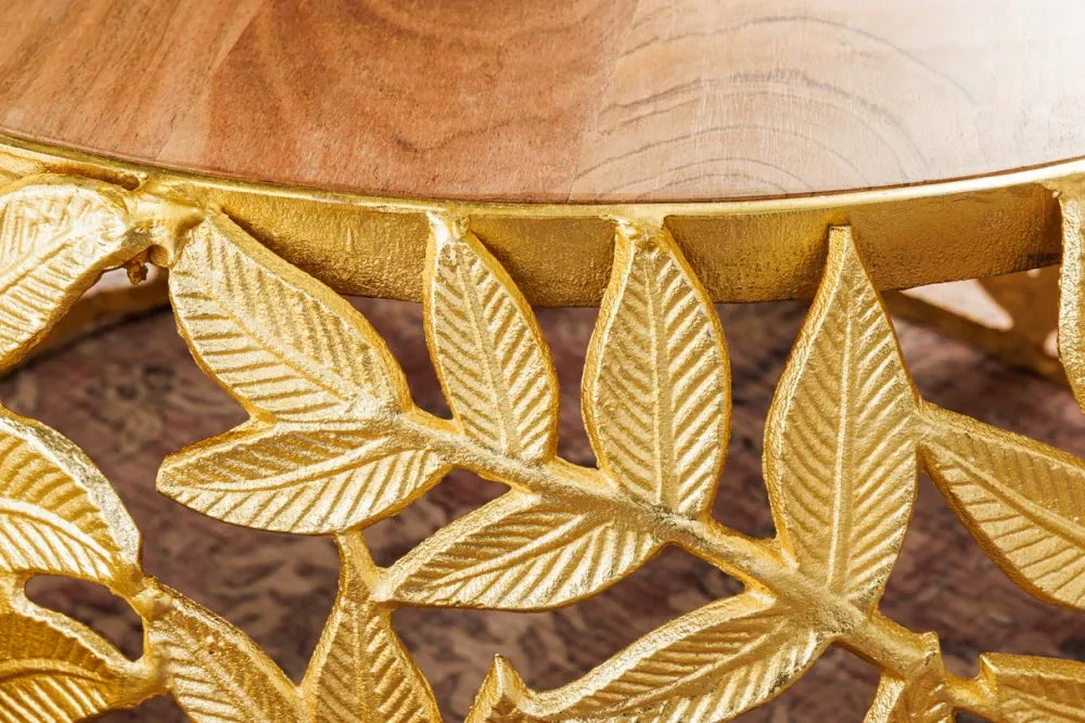 Set 2 masute de cafea din Lemn de salcam Maro si Metal Auriu D54/68xH26/34cm Abstract leaf