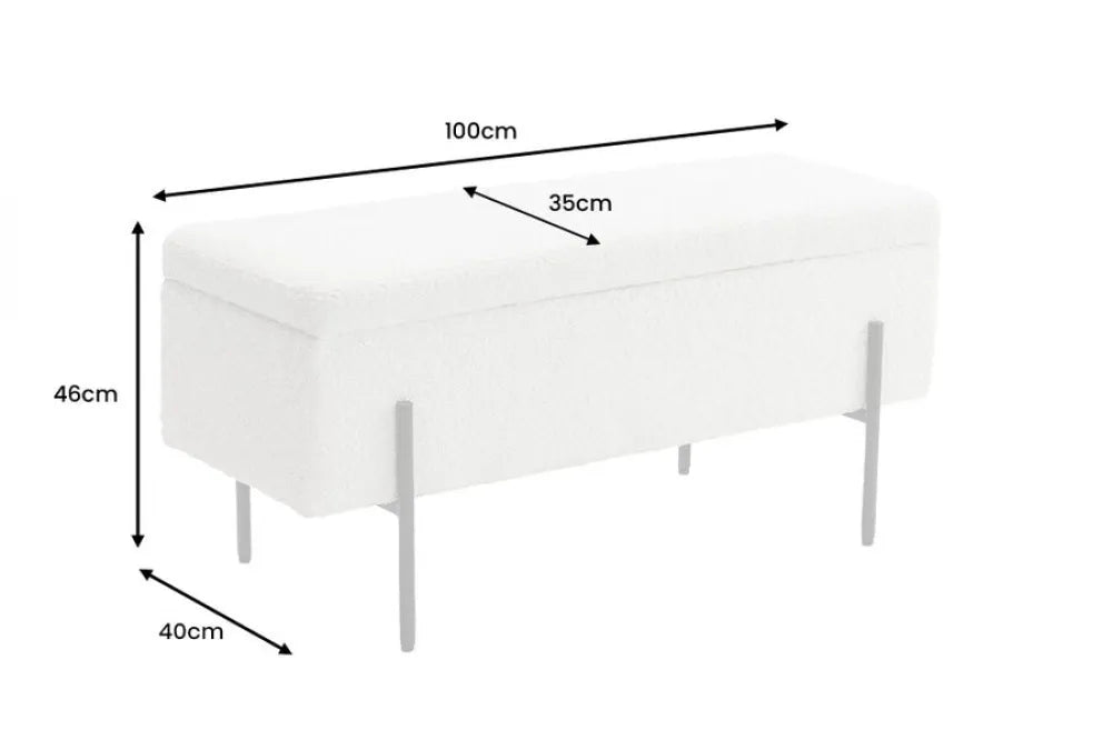 Bancheta cu spatiu de depozitare din Metal Negru si Stofa boucle Alb H46xL100cm Loft