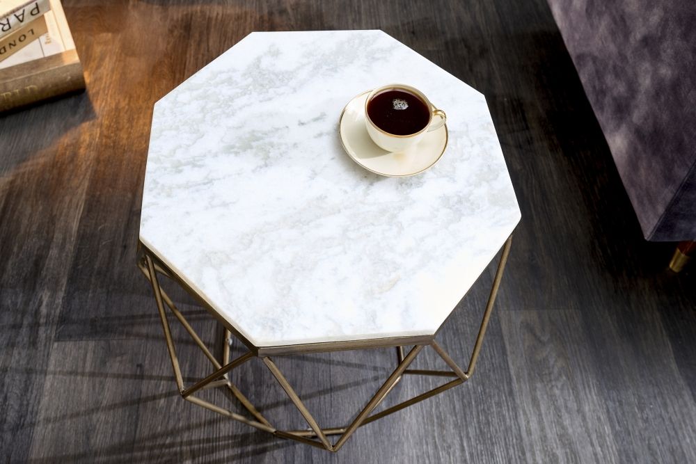 Masuta de cafea Hexagonala din Marmura si Metal Alb/Auriu L50xH50cm Diamond