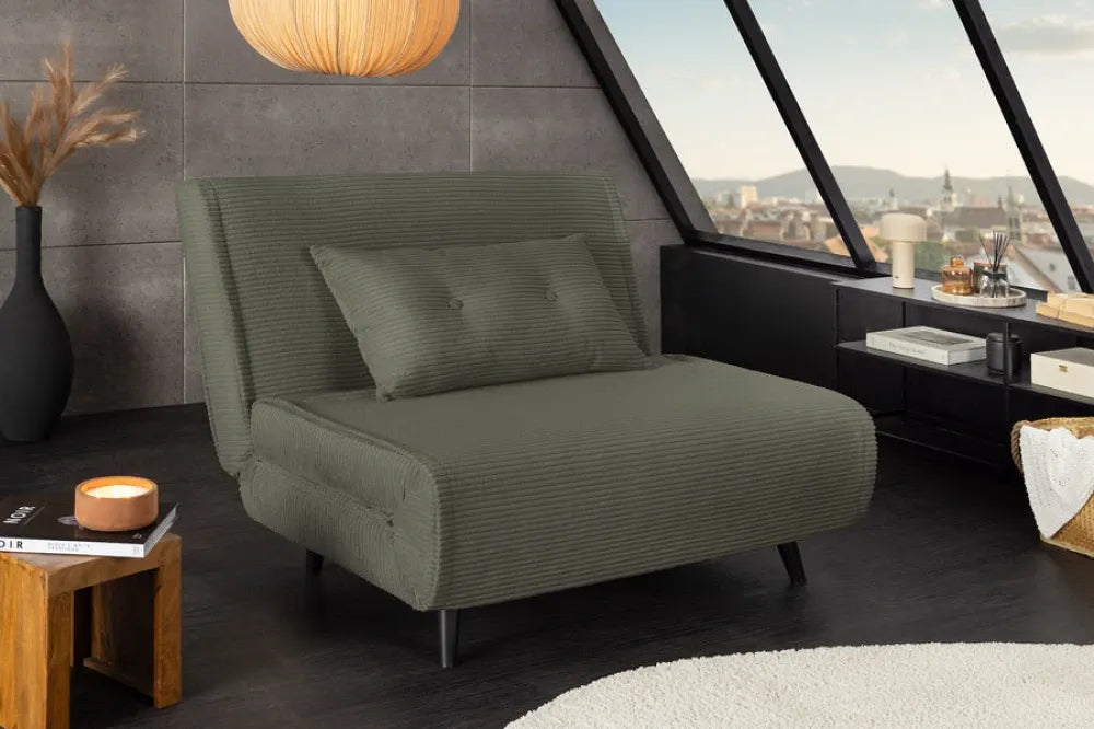 Fotoliu cu functie de dormit tapitat cu Raiat Verde si picioare din Lemn de pin Negru H82xL100xA91cm SMART MULTIFUNCTION