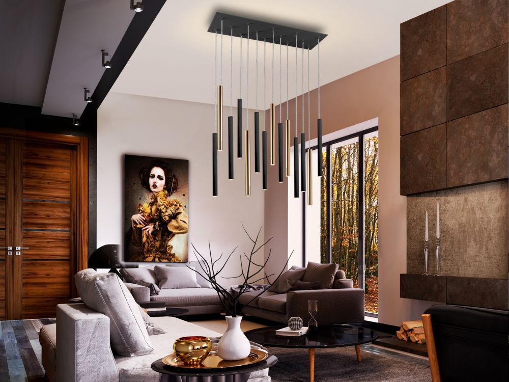 Lustra dreptunghiulara cu inaltime reglabila din Metal Negru/Auriu cu LED L82xH140cm Varas