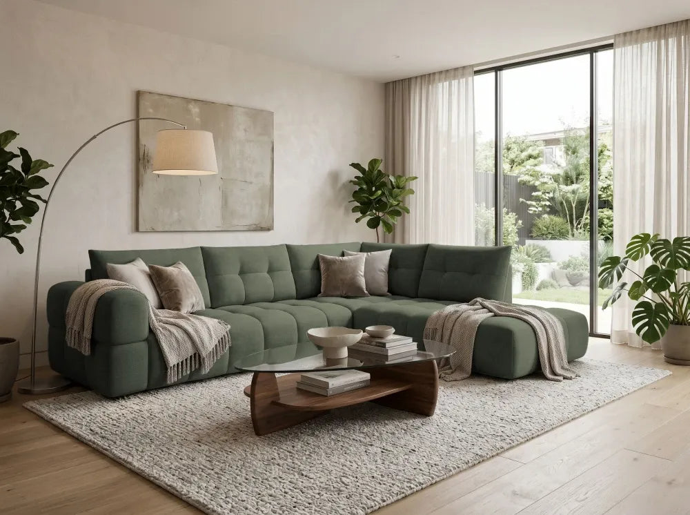 Coltar in forma de L tapitat cu material pet friendly Alias verde L291 x 219cm
