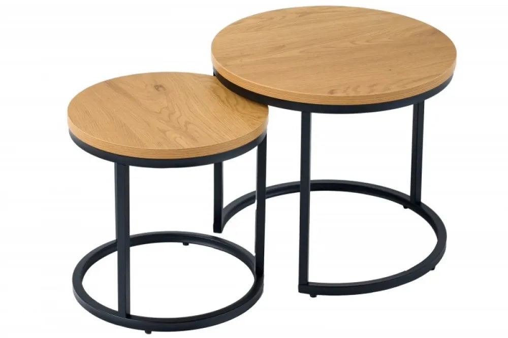 Set 2 masute laterale Rotunde din Lemn stratificat Maro si Metal Negru D35/45xH35/40cm Elegance
