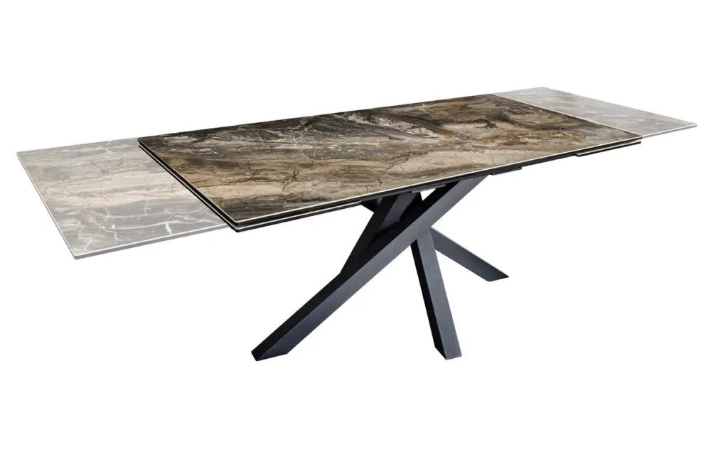 Masa din Sticla securizata/Ceramica Maro si Metal Negru L180-220-260xH76cm Marvelous