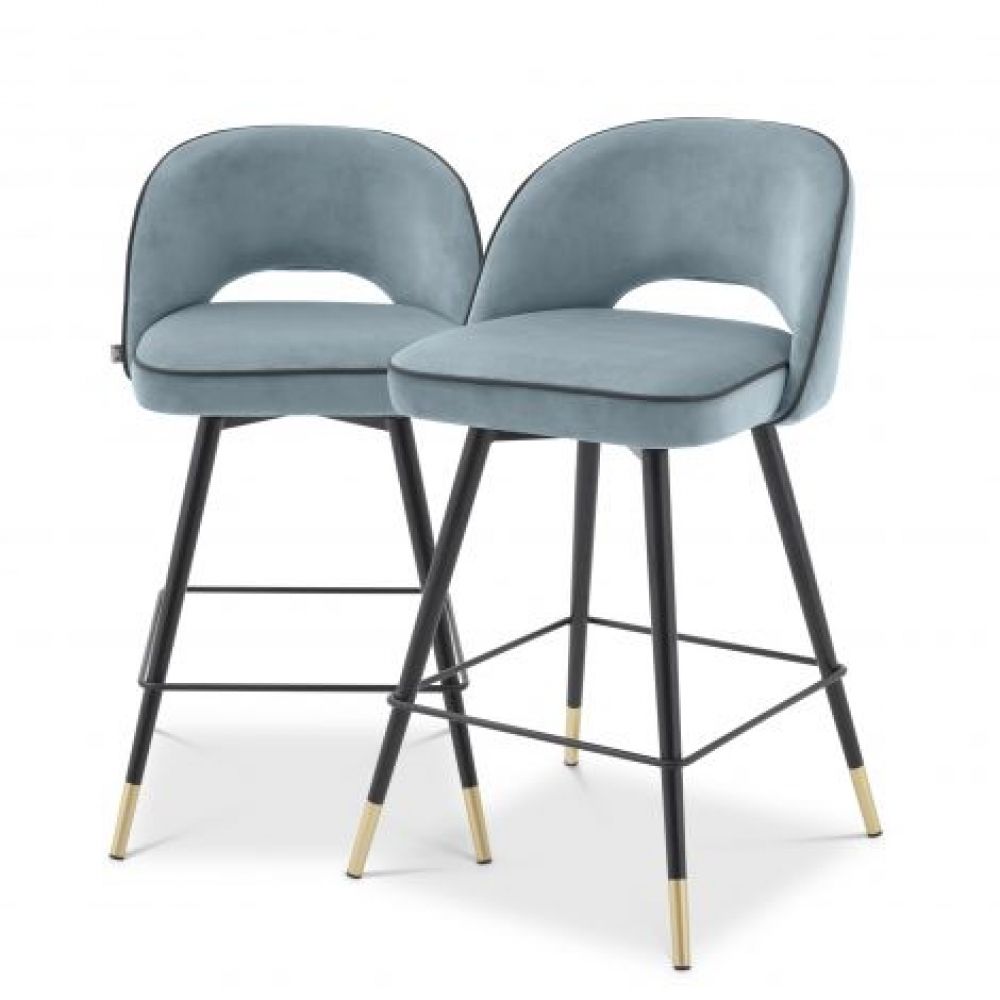Set 2 scaune de insula rotative tapitat cu Catifea Albastru cu picioare din Metal Negru/Auriu H93xL51xA52cm Cliff