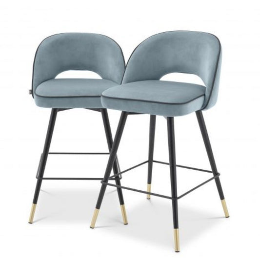 Set 2 scaune de insula rotative tapitat cu Catifea Albastru cu picioare din Metal Negru/Auriu H93xL51xA52cm Cliff