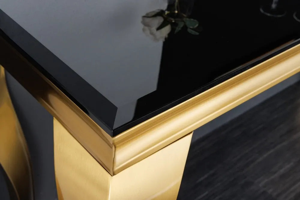 Consola din Sticla securizata Negru si Otel inoxidabil Auriu L145xH75cm MODERN BAROCK