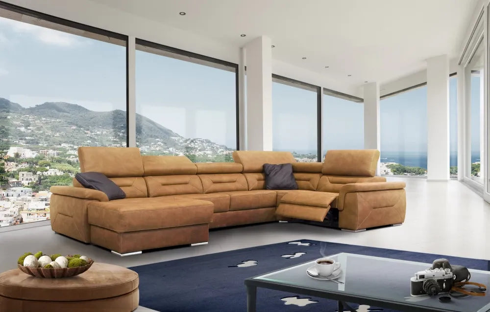Coltar extensibil in forma de U personalizabil cu spatiu de depozitare si recliner L375cm Domino