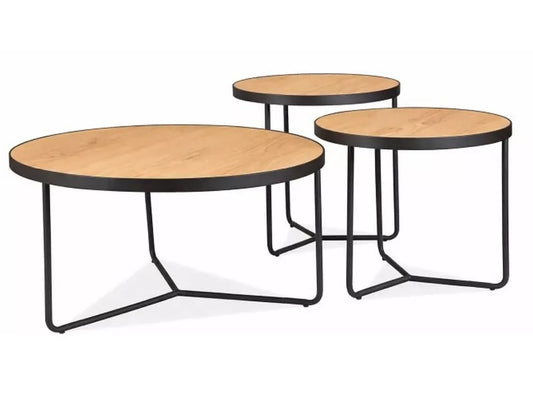 Set 3 masute de cafea din Metal Negru si MDF+Furnir Maro D80/50xH40/45/50cm Demeter
