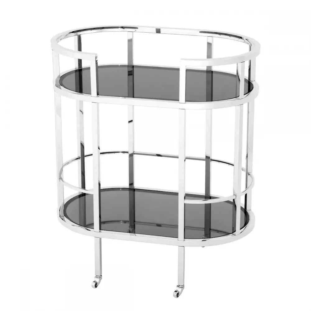 Carucior de servire Ovala din Otel inoxidabil Argintiu si Sticla Negru L70xl43cm Townhouse Eichholtz
