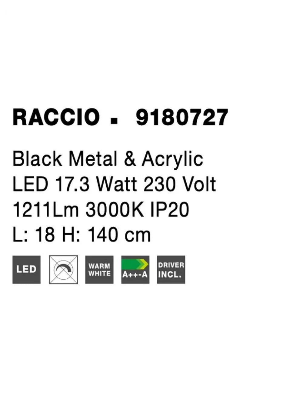 Lampa de podea structura din Metal Negru si abajur din Acrilic Alb H140xL18cm IP20 19W 891lm 3000k RACCIO