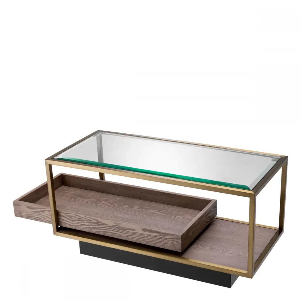 Masuta laterala Dreptunghiulara din Otel inoxidabil/Furnir de stejar Alama/Maro si Sticla Transparent L90xl42cm Roxton Eichholtz