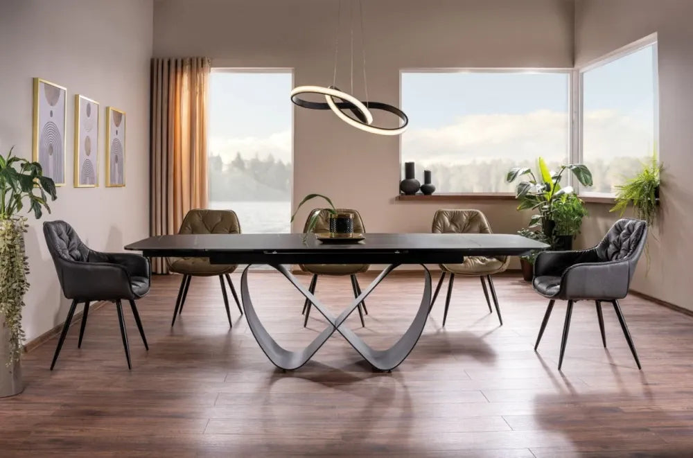 Masa extensibila cu blat din Sticla securizata + Ceramica cu efect de marmura Negru cu baza din Metal Negru L160-240cm Infinity