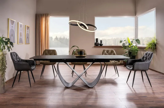 Masa extensibila cu blat din Sticla securizata + Ceramica cu efect de marmura Negru cu baza din Metal Negru L160-240cm Infinity