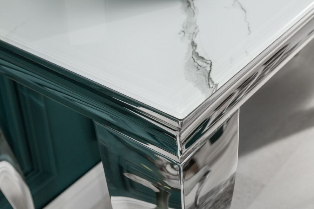 Consola din Sticla securizata si Otel inoxidabil alb/Argintiu Baroque L145xH75cm