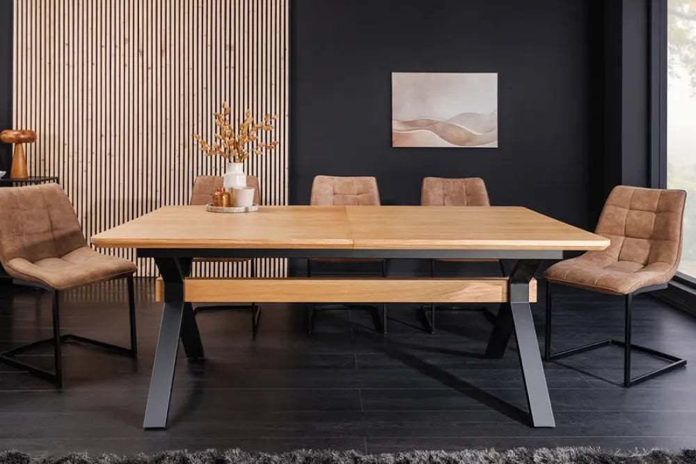 Masa extensibila din MDF/Funir de stejar Maro si Metal Negru L180-300xH76cm GIANT