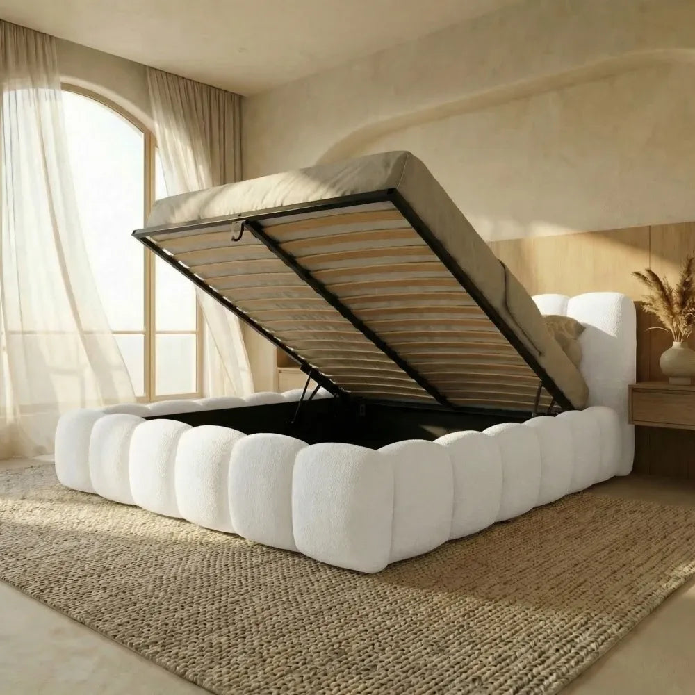 Pat tapitat cu material boucle Alb 140 x 200 Dallas slim