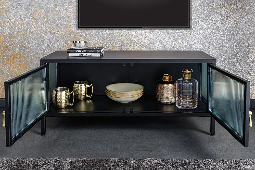 Comoda din Metal Negru si Metal/Sticla securizata Negru/Transparent L90xH70cm AMSTERDAM
