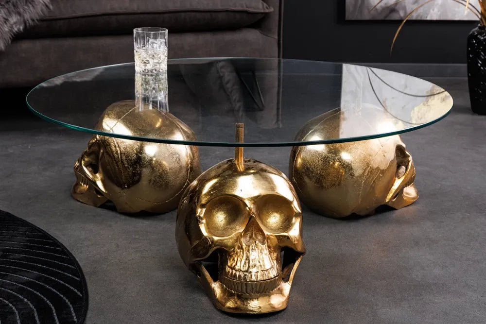 Masuta de cafea din Sticla securizata Transparent si Metal Negru D90xH33cm Skull