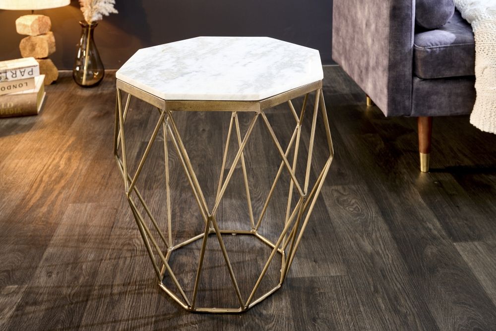 Masuta de cafea Hexagonala din Marmura si Metal Alb/Auriu L50xH50cm Diamond