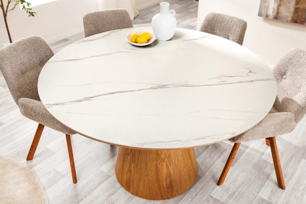 Masa din Ceramica Alb cu efect de marmura si Furnir de stejar Maro D120xH75cm Unique