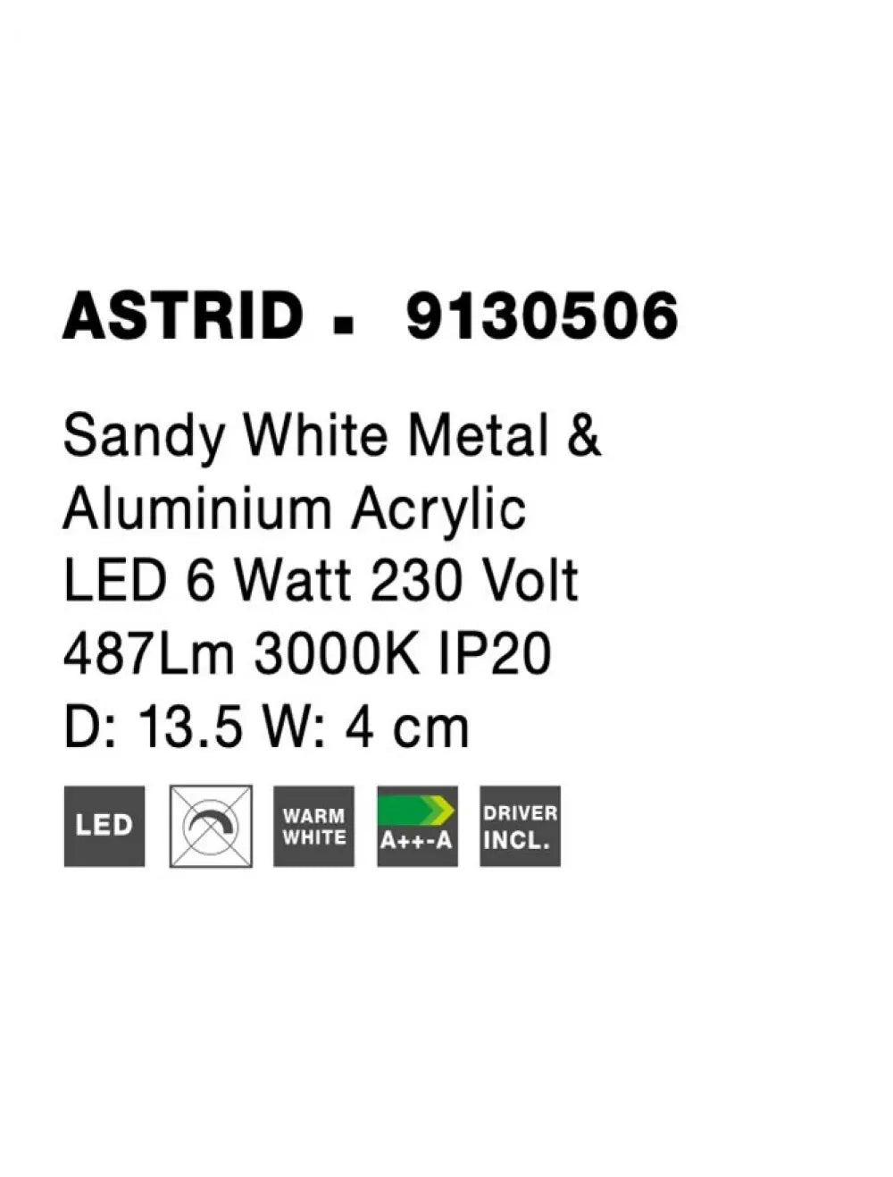 Aplica de perete structura din Metal Alb si abajur din Acrilic  H8xL13.5cm IP20 6W 487lm 3000k ASTRID