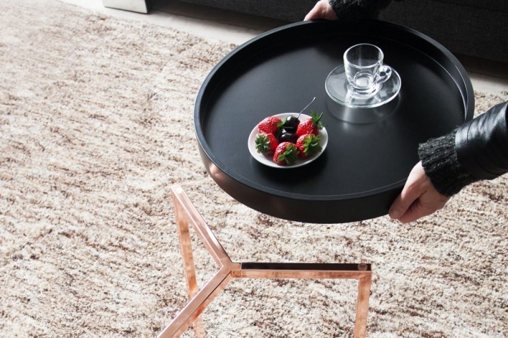 Masuta de colt rotunda din lemn masiv si Metal Negru/Rose Gold D40xH50cm Modular