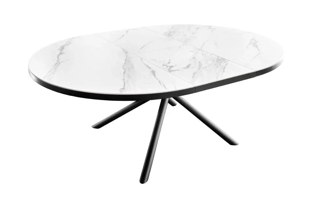 Masa din Sticla securizata/Ceramica Alb cu efect de marmura si Metal Negru L120-160xH77cm Mikado