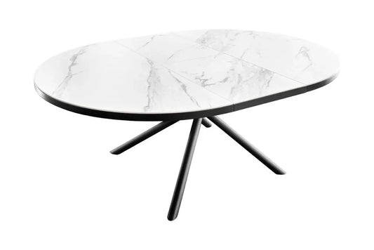Masa din Sticla securizata/Ceramica Alb cu efect de marmura si Metal Negru L120-160xH77cm Mikado