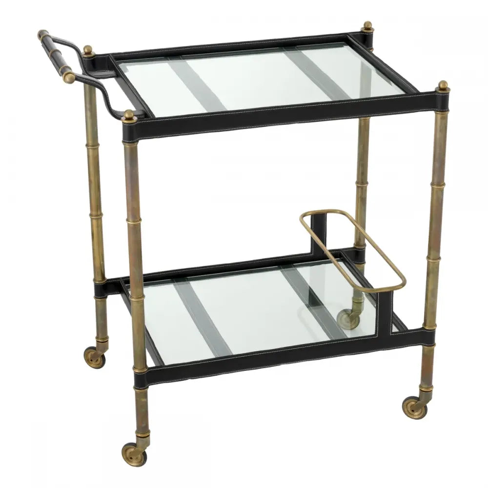 Carucior de servire Dreptunghiulara din Otel inoxidabil/piele Alama/negru si Sticla Transparent L74xl44.5cm Princess Eichholtz