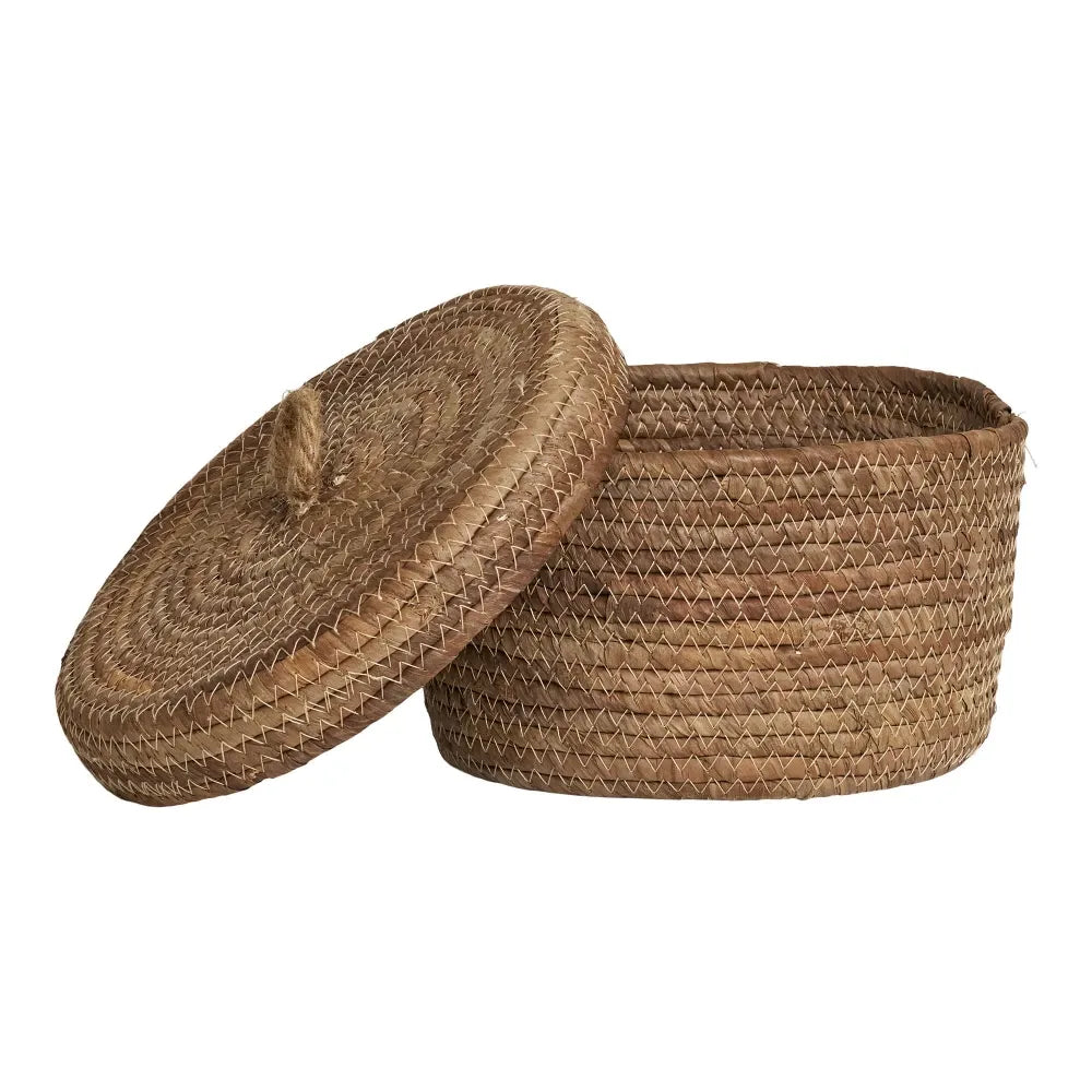Set 2 cosuri depozitare cu capac impletite natural Maro H14/16xD21/24cm Desio