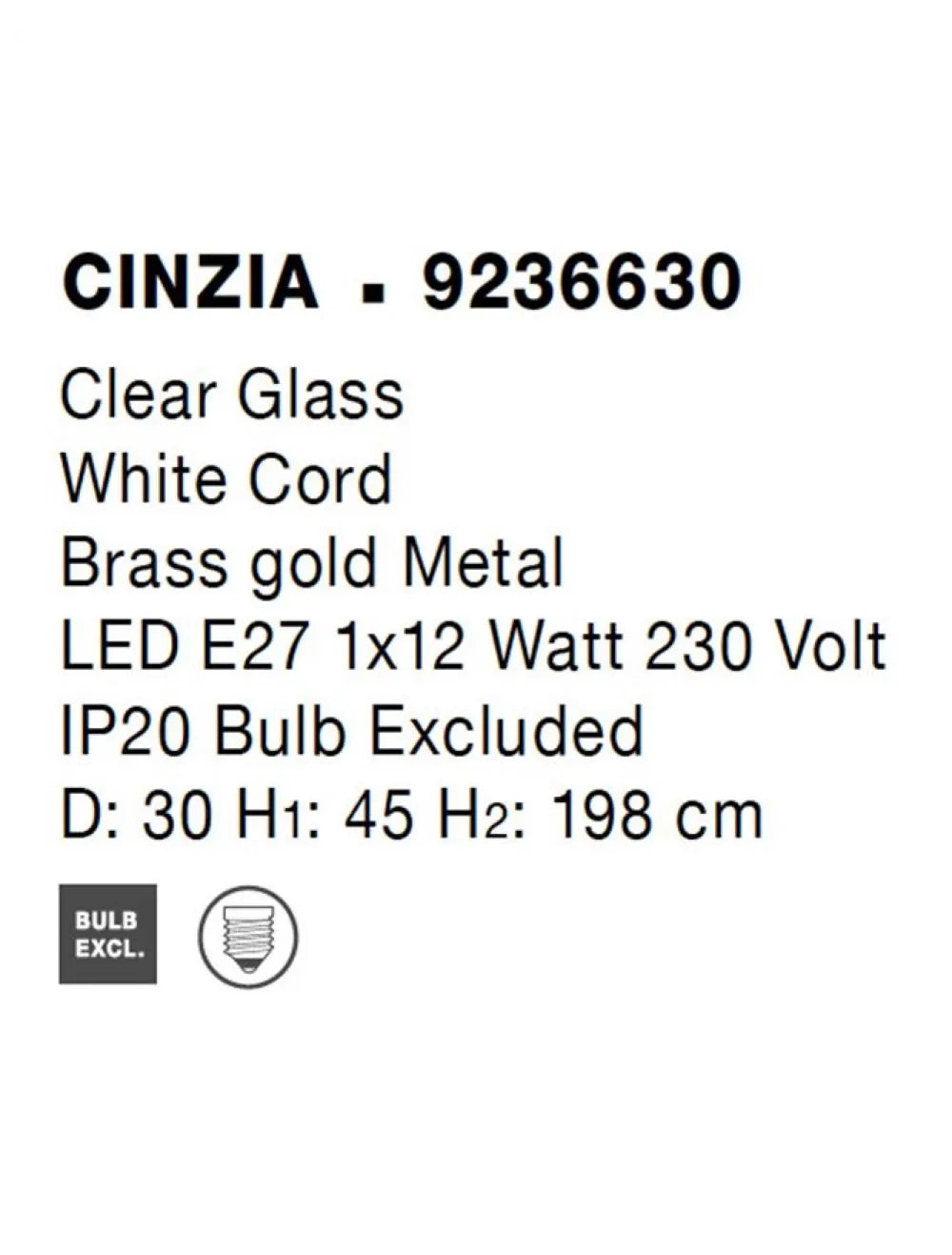 Pendul structura din Metal Alama si abajur din Sticla Transparent H198xL30cm IP20 CINZIA
