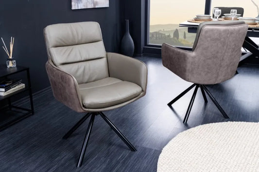 Scaun rotativ tapitat cu Piele naturala/Microfibra Gri taupe cu picioare din Metal Negru H89xL58xA67cm Big George