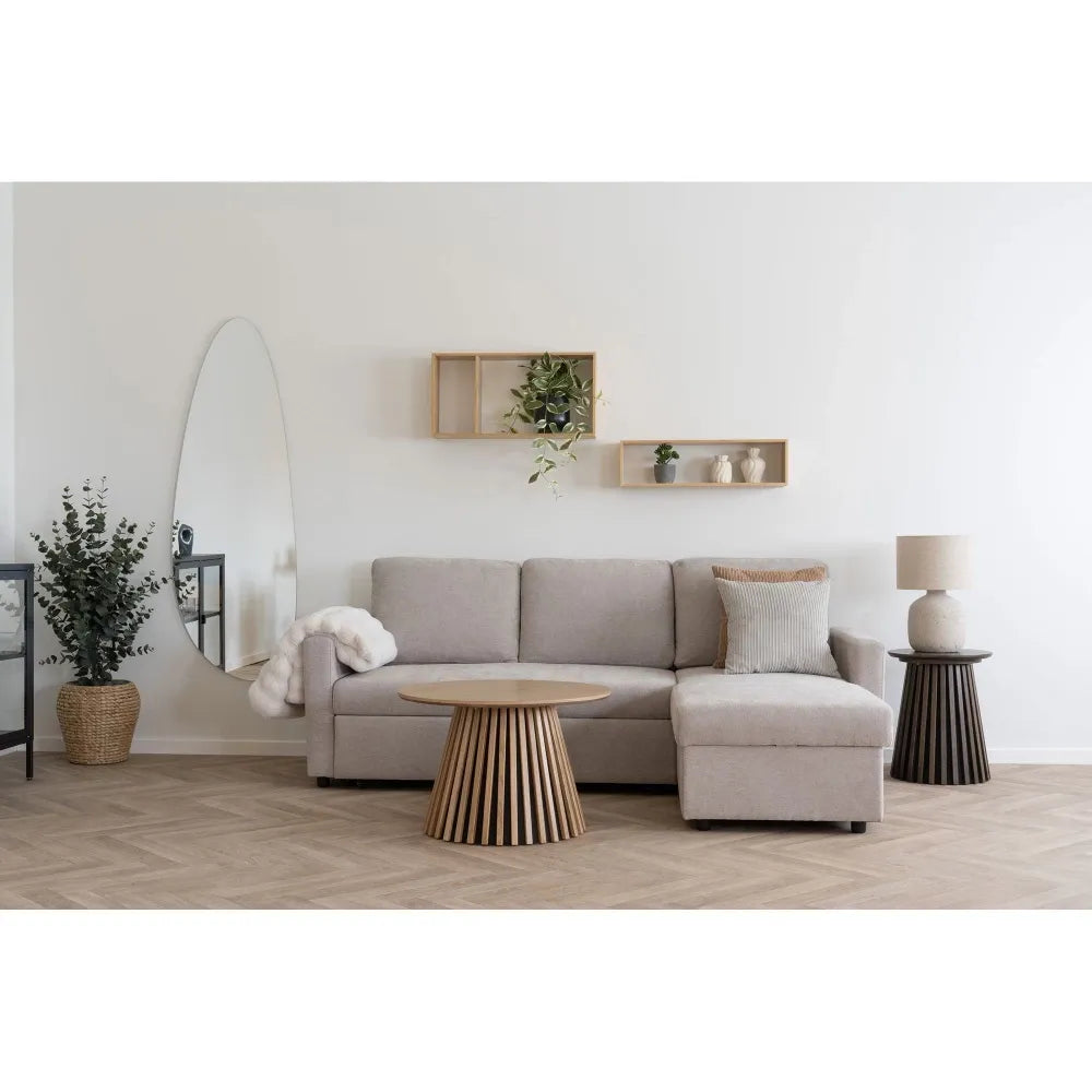 Coltar extensibil cu orientare reversibila si spatiu depozitare tapitat cu Stofa Bej L218xH87cm Belfast