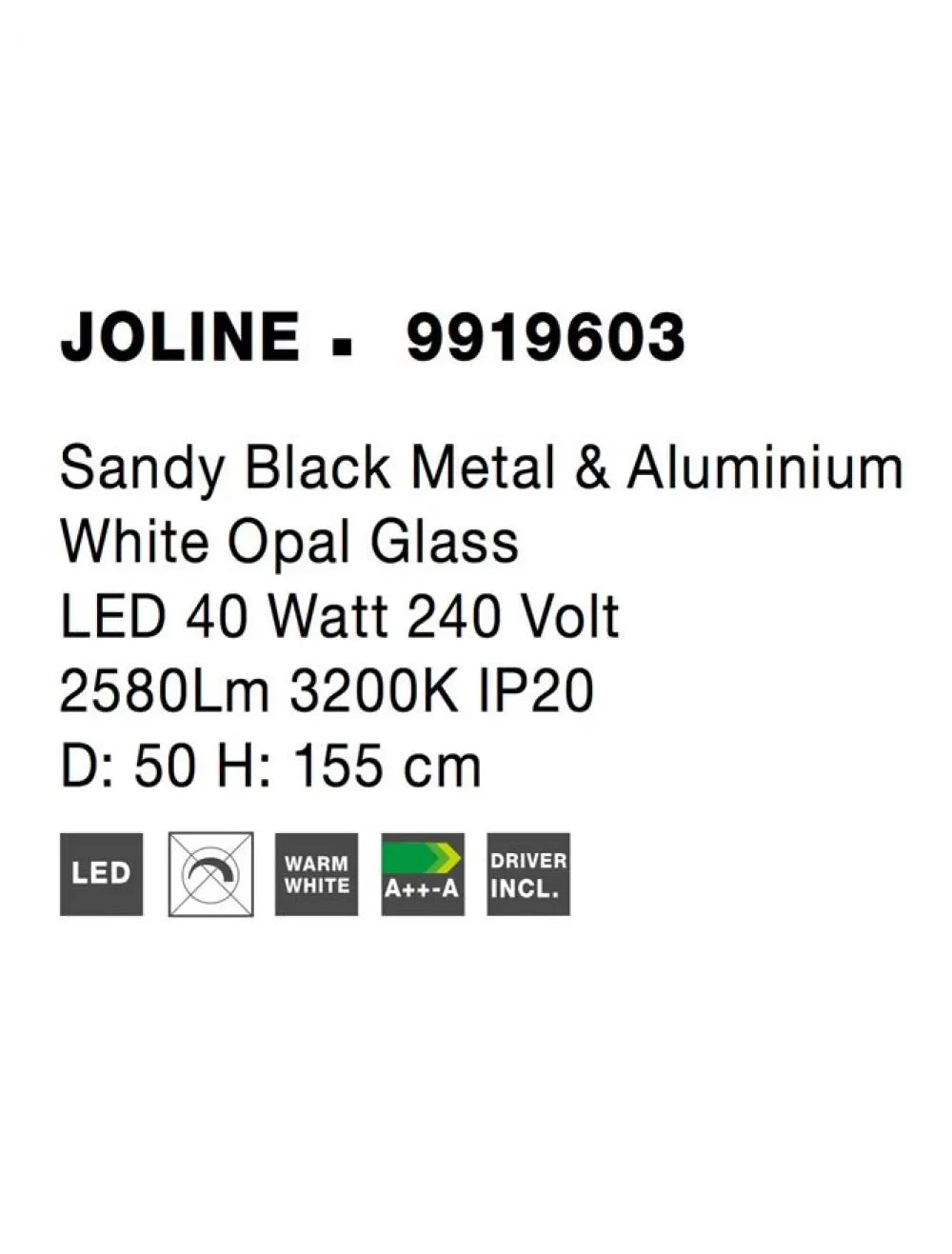 Lustra structura din Metal Negru si abajur din Sticla Alb H155xL50cm IP20 35W 2803lm 3200k JOLINE