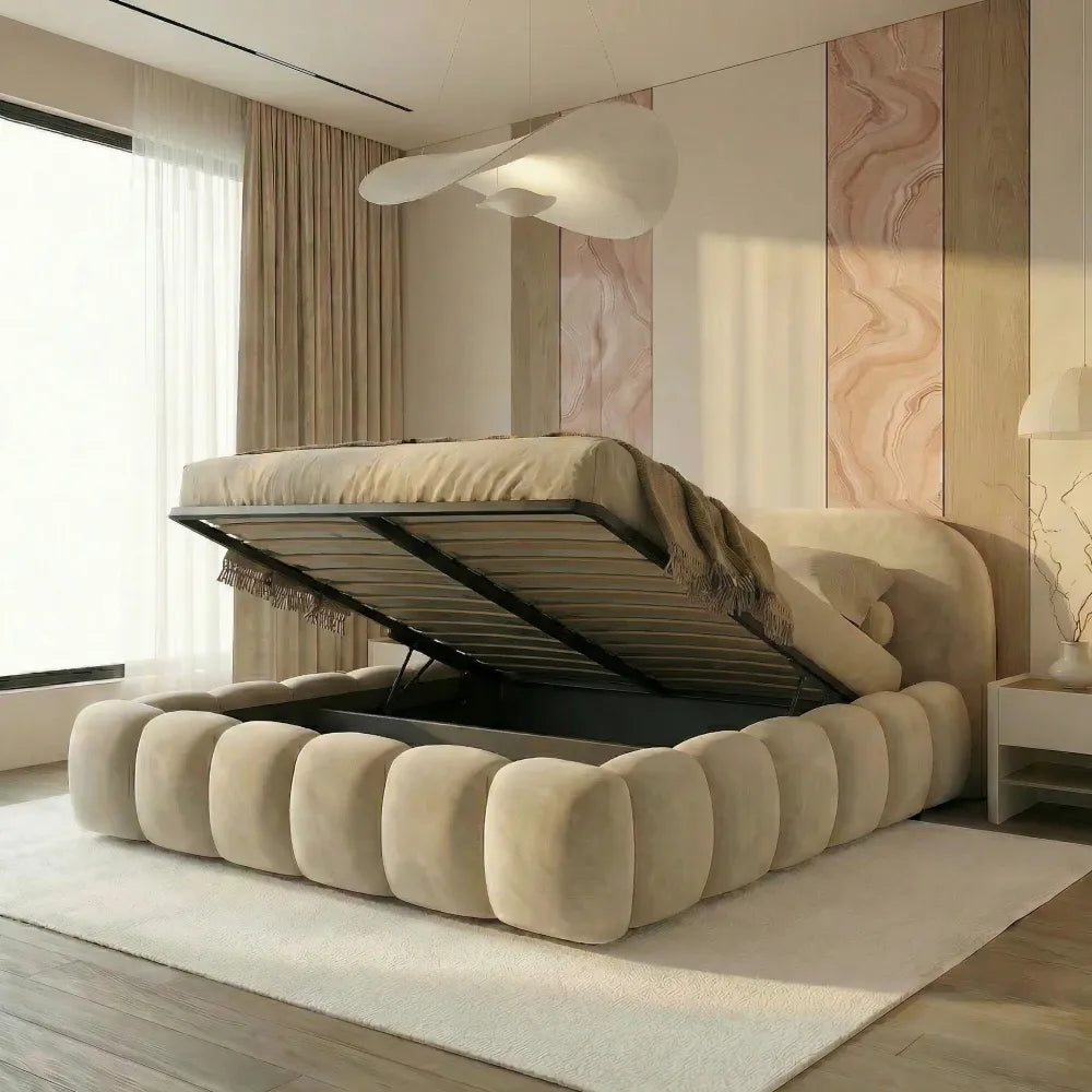 Pat tapitat cu material catifea Bej 160 x 200 Orlando slim