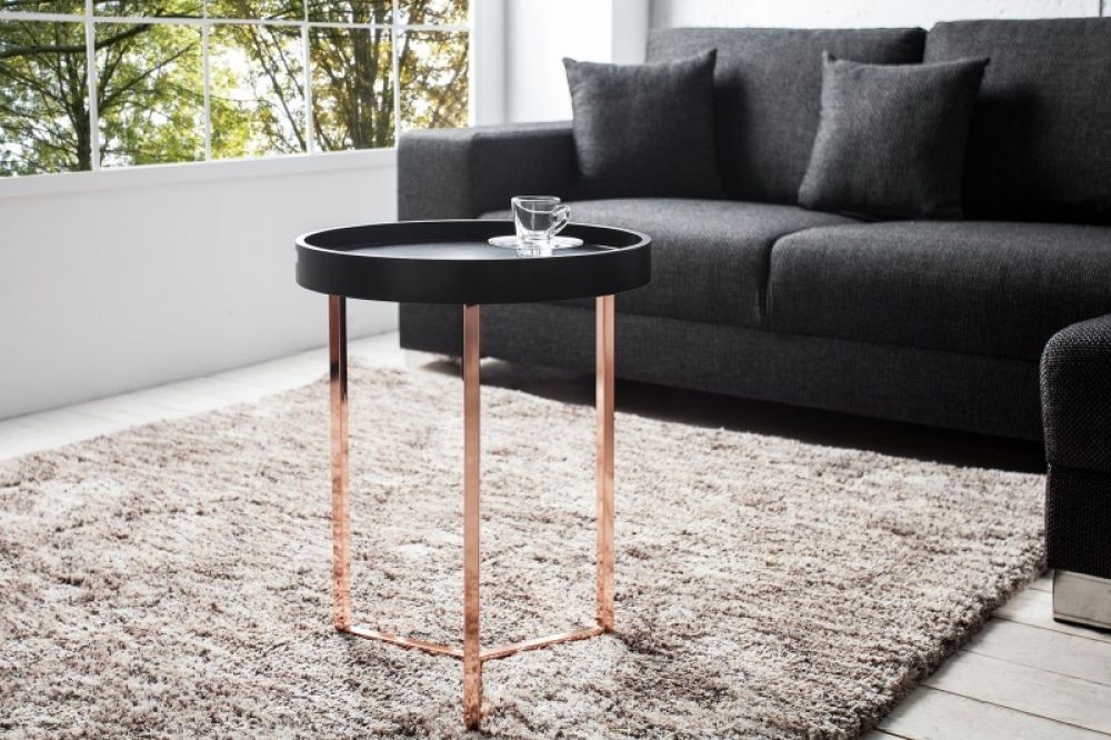 Masuta de colt rotunda din lemn masiv si Metal Negru/Rose Gold D40xH50cm Modular