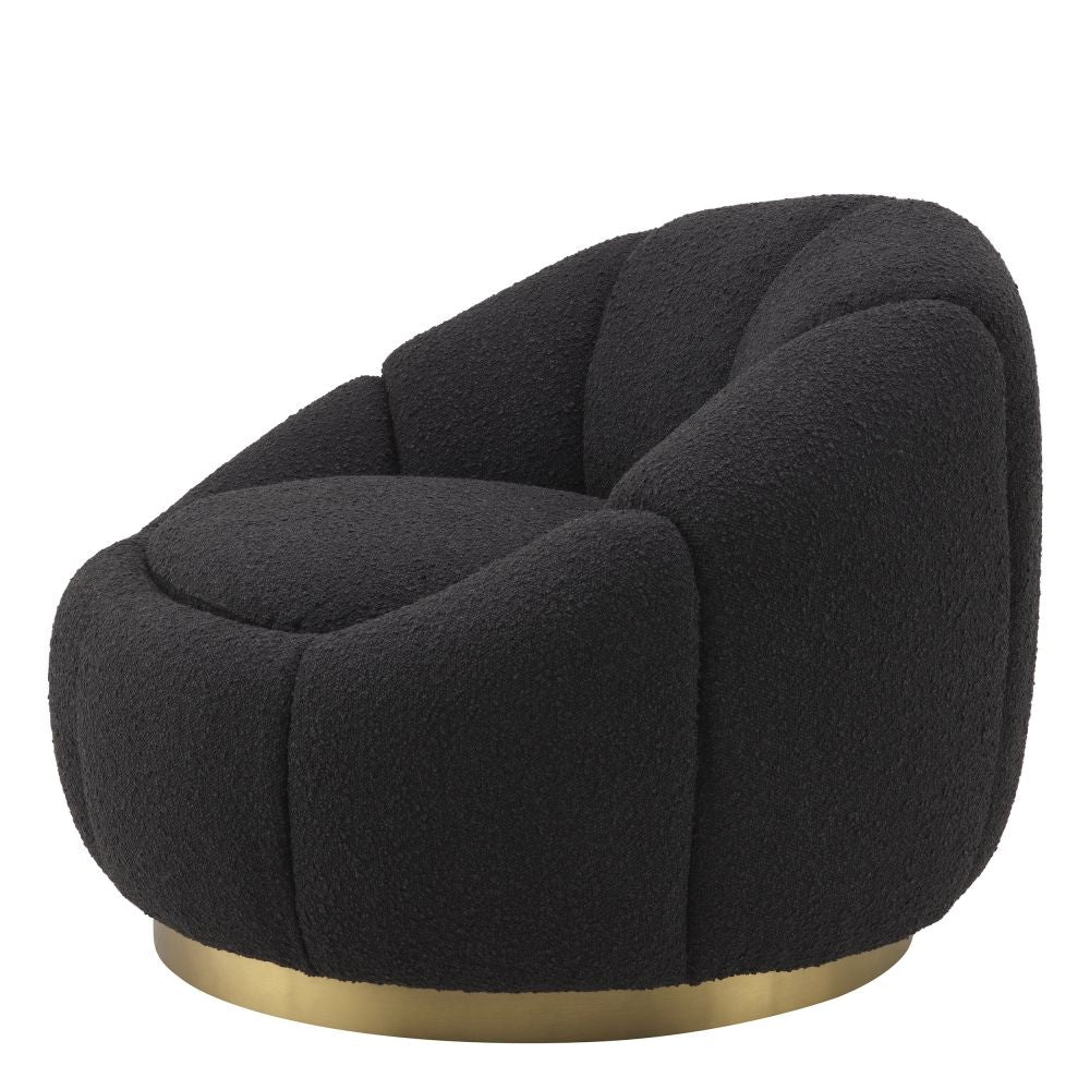 Fotoliu rotativ Inger Eichholtz tapitat cu Stofa Boucle Negru cu baza din Otel inoxidabil Auriu H69xL95xA83cm