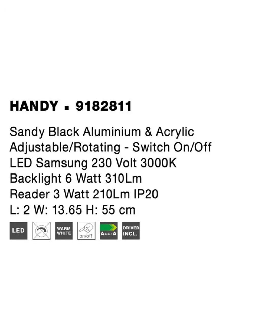 Aplica de perete structura din Aluminiu Alb si abajur din Acrilic Alb H55xL2cm IP20 9W 520lm 3000k HANDY