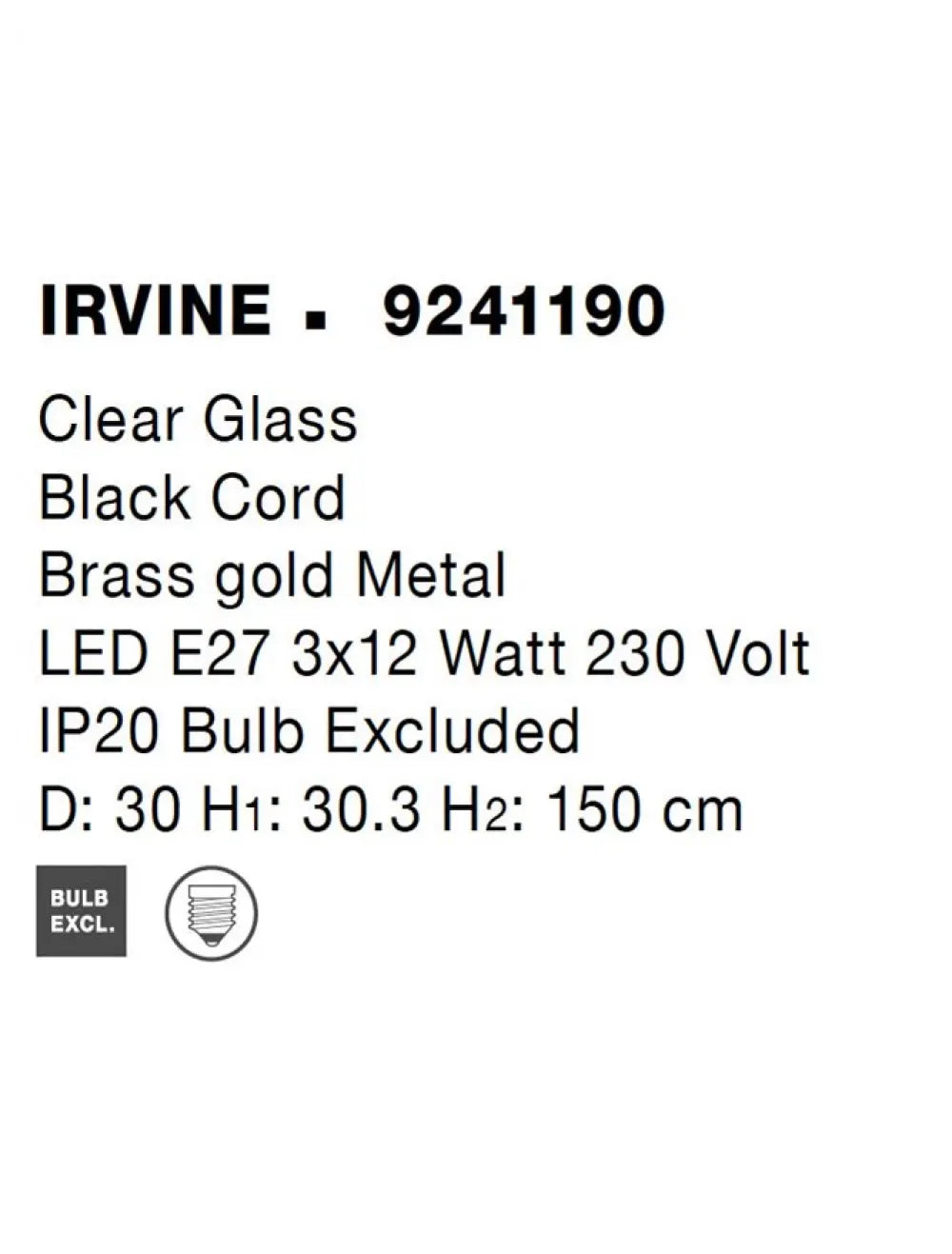 Candelabru structura din Metal Alama si abajur din Sticla Transparent H150xL30cm IP20 IRVINE