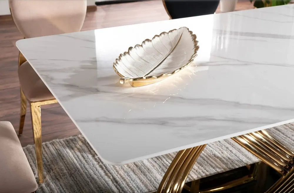 Masa cu blat din Ceramica cu efect de marmura Alb cu baza din Otel inoxidabil Auriu L160x75cm Hermes