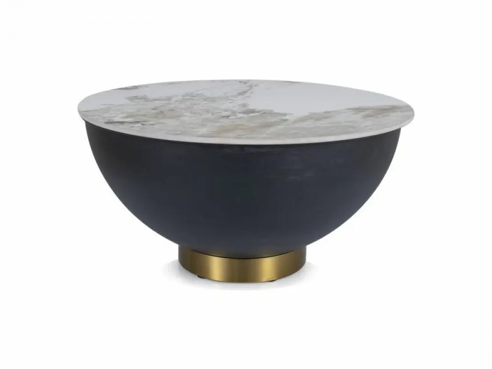 Masuta de cafea Rotunda din Ceramica Alb lucios cu efect de marmura si Metal Negru/Auriu D73xH37cm Cyprus