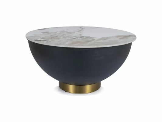 Masuta de cafea Rotunda din Ceramica Alb lucios cu efect de marmura si Metal Negru/Auriu D73xH37cm Cyprus