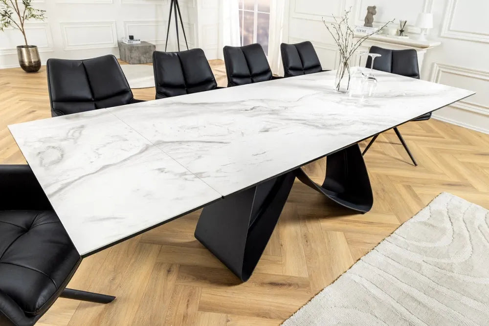 Masa din Sticla securizata/Ceramica Alb cu efect de marmura si Metal Negru L180-220-260xH76cm Infinity