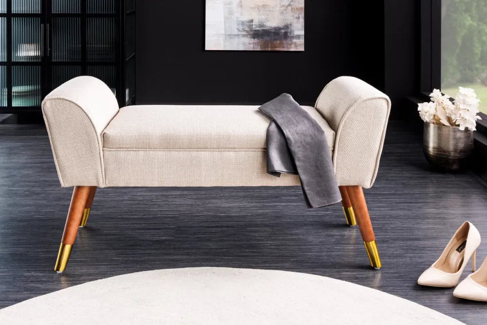 Bancheta din Lemn/Metal Maro/Auriu si textured fabric Bej H56xL90cm Scarlett