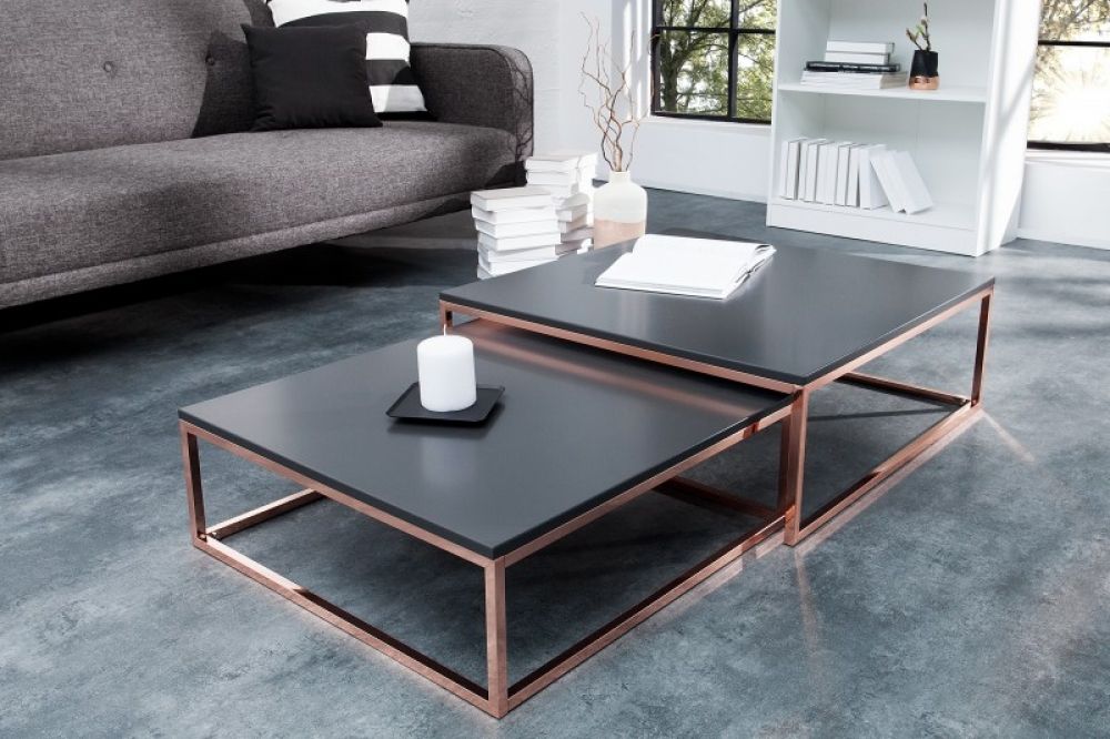 Set 2 masute de cafea patrate din MDF si Metal Negru/roz L75/65xH41/35cm Elements