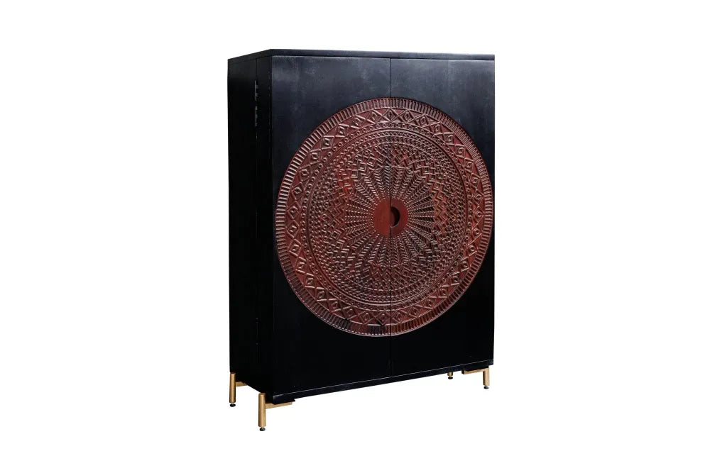 Dulap bar din Lemn de mango Negru/Maro si Metal Auriu L95xH141cm MANDALA